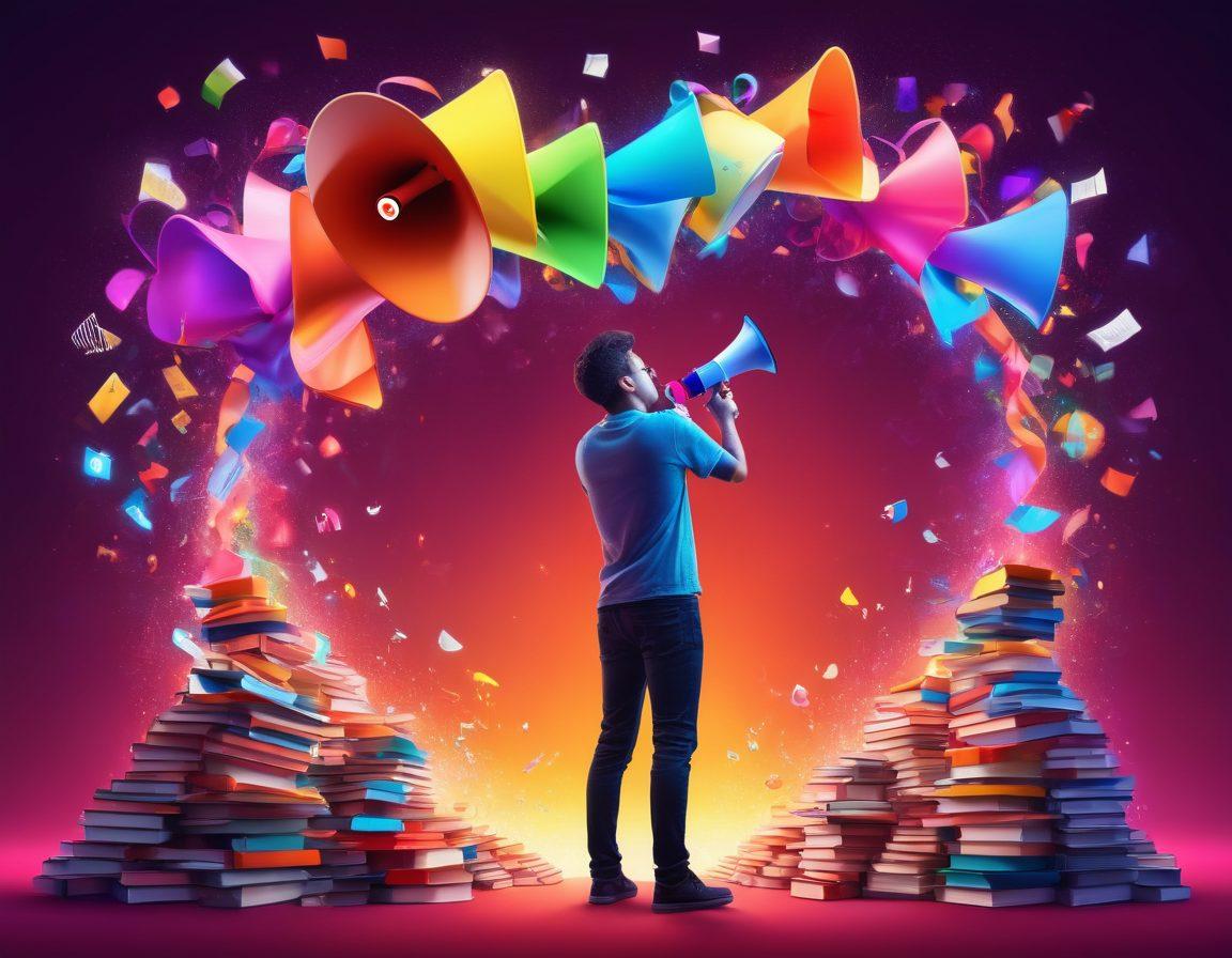 A whimsical scene featuring a person with a colorful megaphone, passionately sharing stories on a vibrant stage made up of books and digital devices. The background has flowing ribbons of words and glowing social media icons swirling around, symbolizing connection and expression. Bright, inviting colors to evoke creativity and engagement. super-realistic. vibrant colors. 3D.
