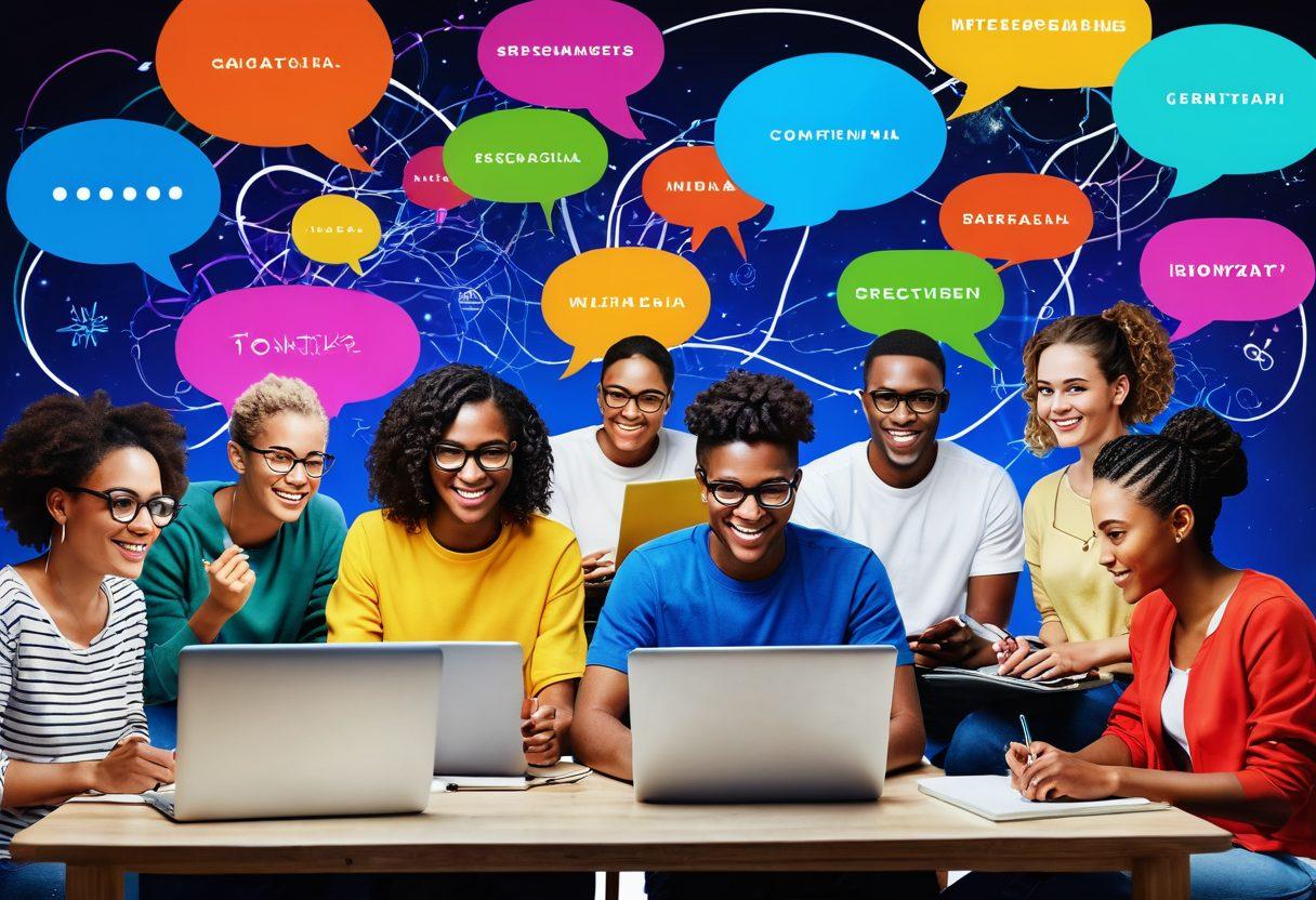 A vibrant digital collage depicting a diverse group of individuals joyfully engaged in writing on laptops, surrounded by various symbols of content creation like speech bubbles, books, and social media icons. The scene should highlight connection, creativity, and community, with a background symbolizing an interconnected online world filled with glowing nodes and pathways. super-realistic. vibrant colors. dynamic composition.