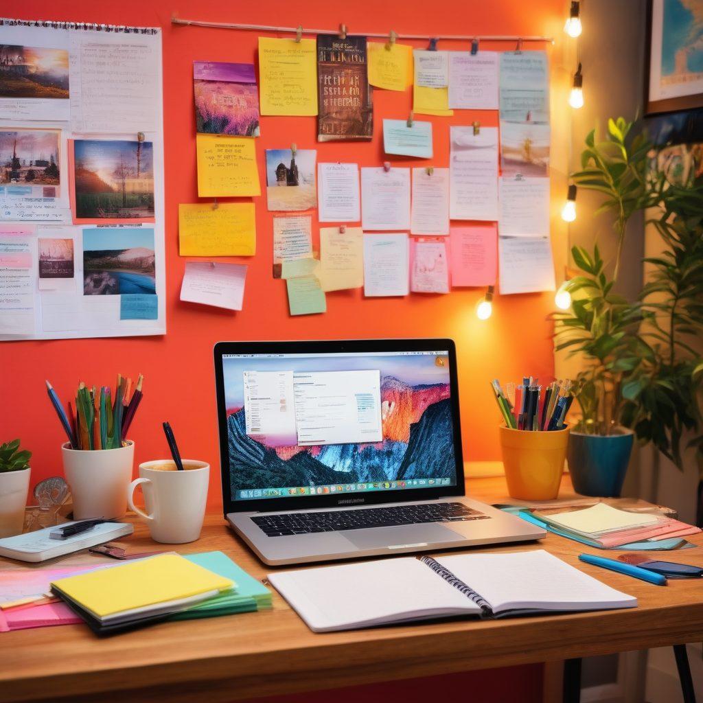 A vibrant workspace featuring an open laptop with a glowing screen displaying a blog post in progress. Surrounding the laptop are colorful writing tools like notebooks, pens, and sticky notes, and a steaming cup of coffee sits nearby. The background showcases a motivational poster about writing success on the wall. The overall atmosphere is inspiring and creative, inviting readers into the world of blogging. super-realistic. vibrant colors. cozy atmosphere.